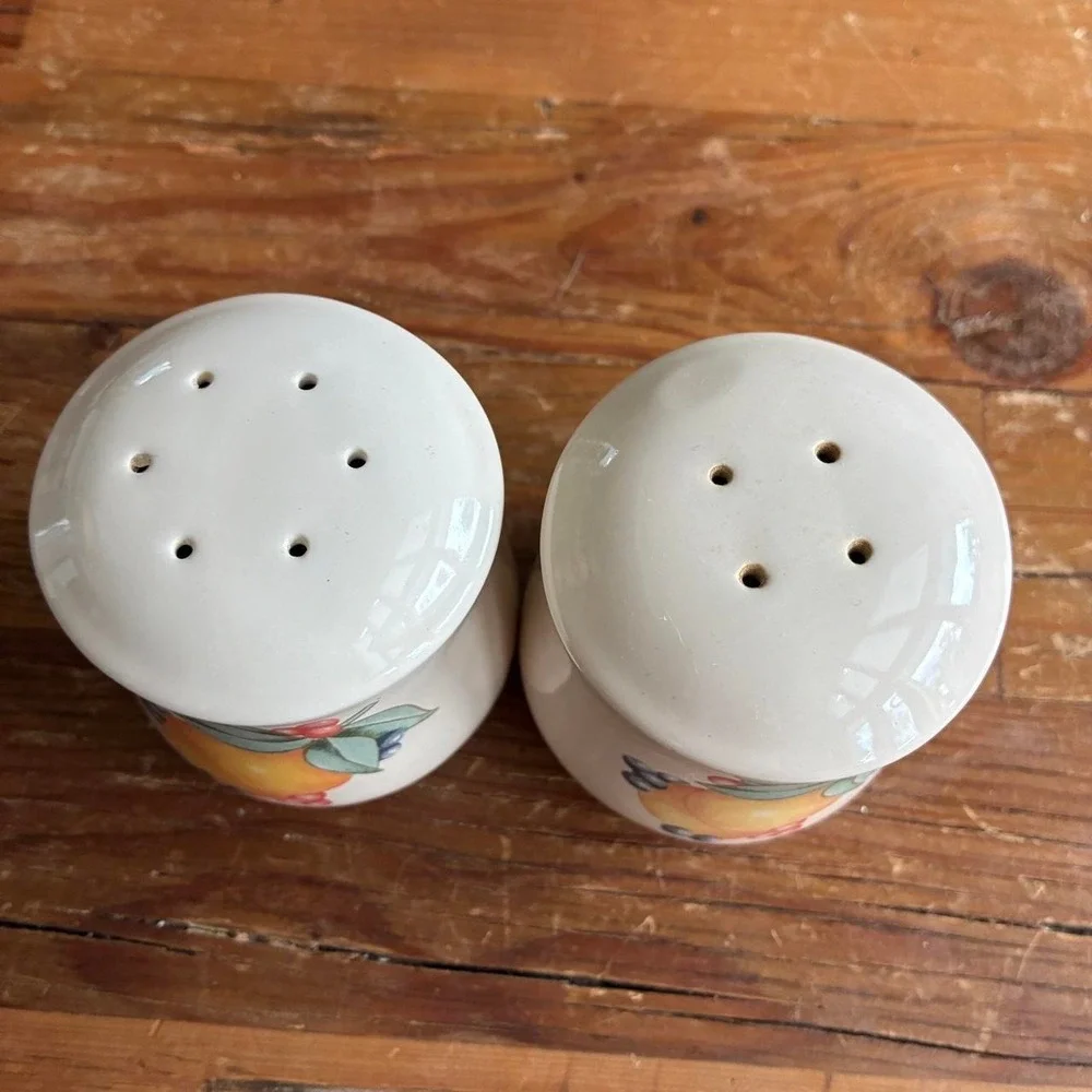 Vintage White ceramic salt and pepper shakers with orange & berry design